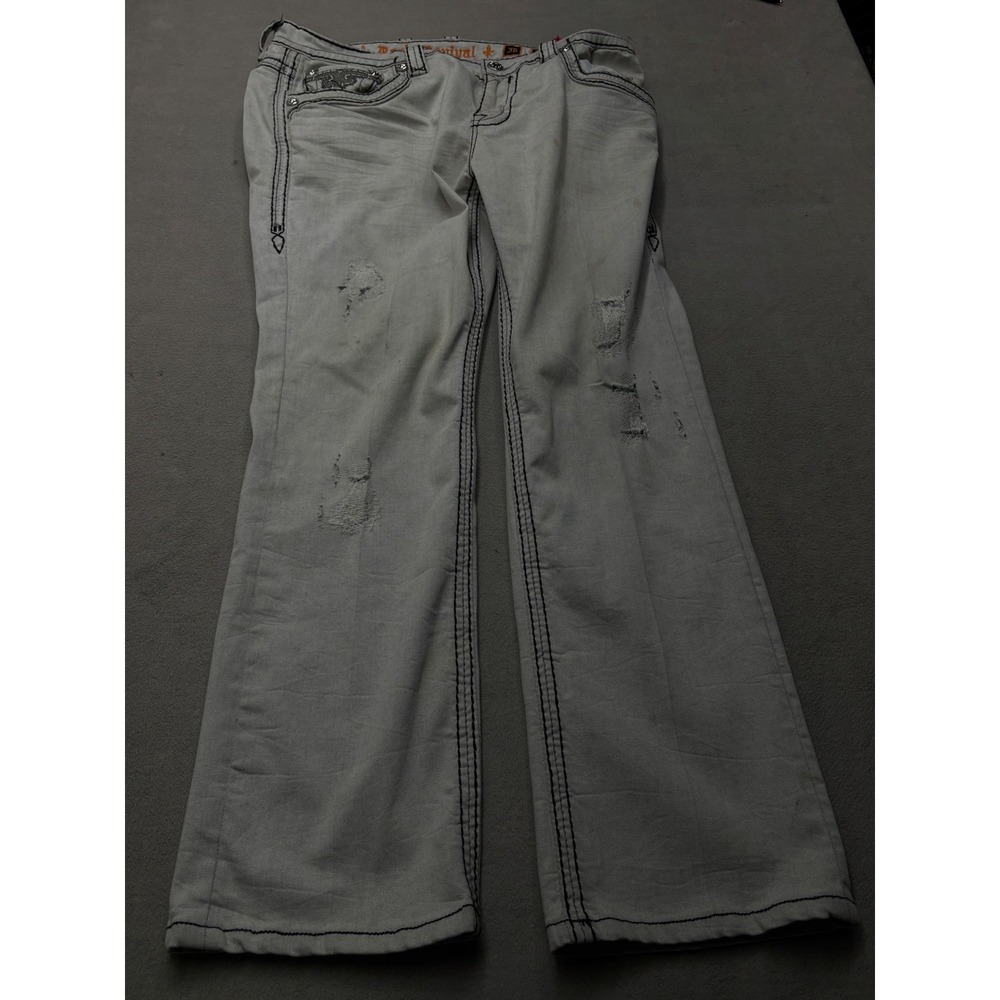 Rock Revival Jacoby Straight Leg Jeans Light Gray Heavy Stitch Distressed 36